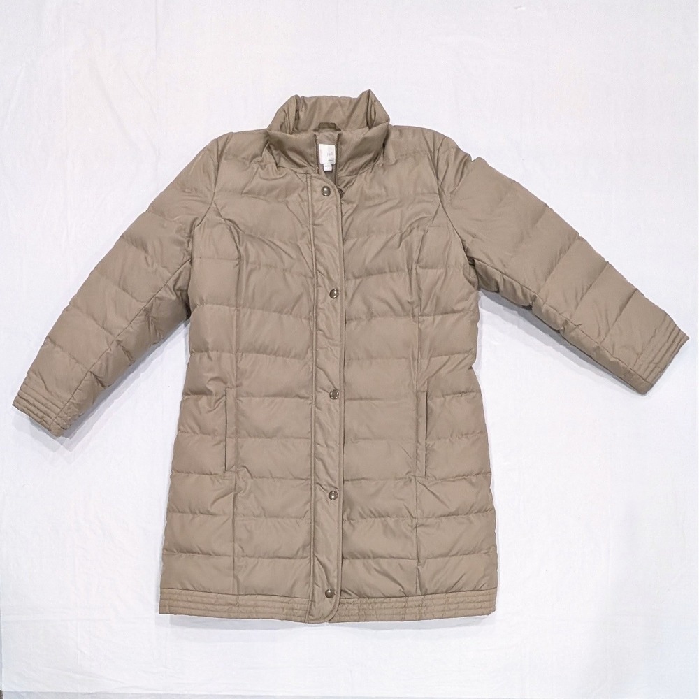 J. Jill Womens Taupe Down Filled Quilted Puffer Coat Jacket Mid Length Size L